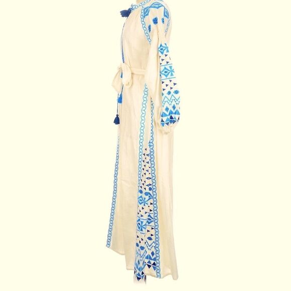 The Pearl Pagoda 100% Linen White Embroidered Long Sleeve Grecian Maxi Dress M - Picture 5 of 14